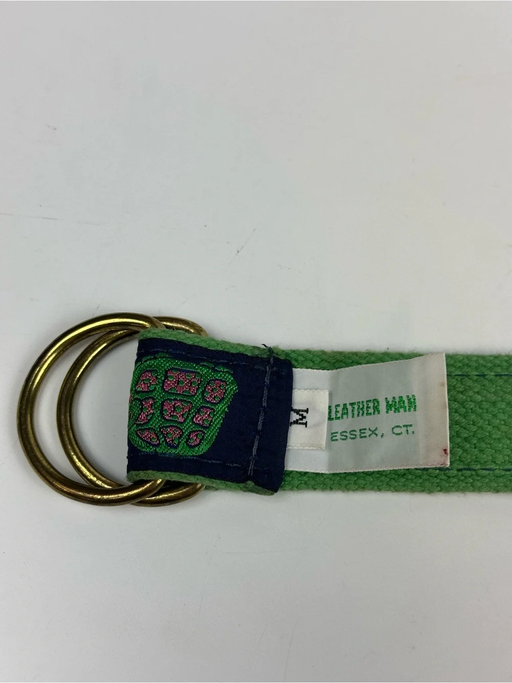 Turtle Pattern Ribbon Belt Brass D-Ring Navy Blue Green